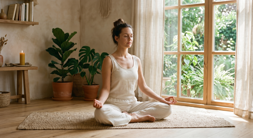 Femme pratiquant la respiration et la méditation dans un intérieur lumineux